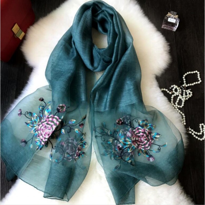 Wool Silk Scaves Black Embroidery Women Summer Scarf